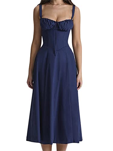 Women Sleeveless Floral Maxi Dress Spaghetti Strap Square Neck Low Cut Elegant Bustier Midi Sunress For Partywear Streetwear （Blue, M） #TOP1