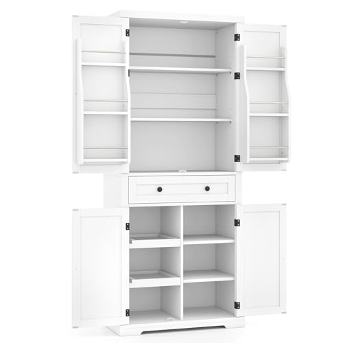 GIANTEX Armoire haute de 184 cm avec étagères réglables, tiroir et étagère, armoire de buffet avec 4 portes, armoire de rangement pour cuisine et salon, 77 x 40 x 184 cm, blanche