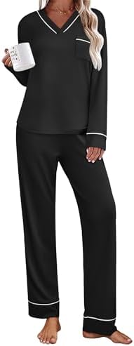 Ekouaer Damen Schlafanzug Lang Zweiteiler Pyjama Set Winter Hausanzug,S-XXL | Contrast Piping, V-Neck, Chest Pocket, mit Taschen, Soft, Lounge & Sleep