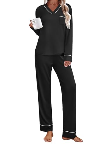 Ekouaer Women's Pajamas Sets 2 piece PJs V Neck Long Sleeve Sleepwear Comfy Pants Loungewear with Pocket