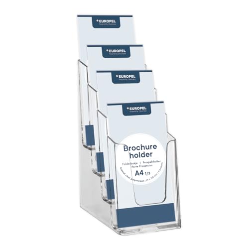 Europel Prospekthalter Mehrfach Prospektständer, 4x DIN 1/3 A4 - Glasklar Polystyrol - Broschürenständer für Büros - Broschürenhalter im Hochformat für Menüs, Prospeketen, Katalogen, Preiskarten