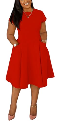 Image of Summer Dresses for Women Semi-Formal Fit Casual Slim Short Sleeve O-Neck Elegant Swing A Line Midi Dresses with Pockets