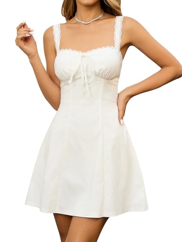 KUTUMAI Lace Square Neck Mini Dress Flowy A Line Short Graduation Dresses for Women Summer 2025 White S