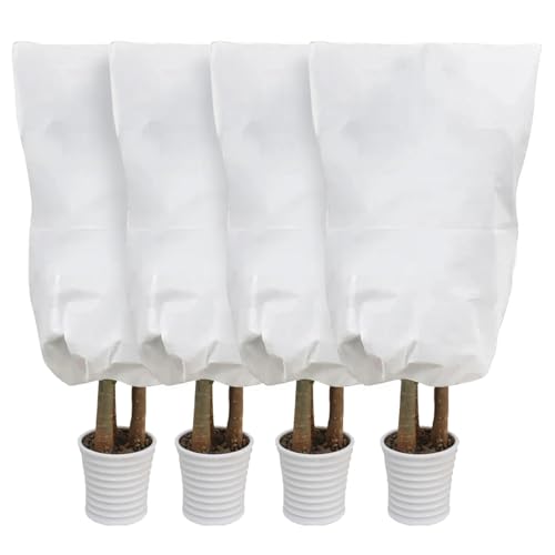 Upriver Lot de 4 housses de protection contre le gel – Housses blanches pour l'hiver – Tissu antigel avec cordon de serrage et fermeture éclair pour plantes d'extérieur, arbustes en pot – 120 x 80 cm