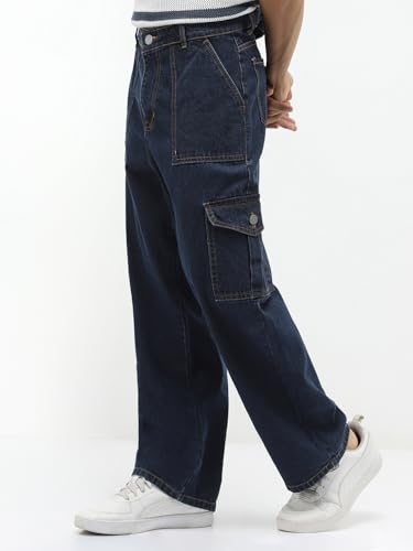 Image of Urbano Fashion Men's Loose Mid Rise Baggy Fit Cargo Jeans with 6 Pockets Non-Stretchable