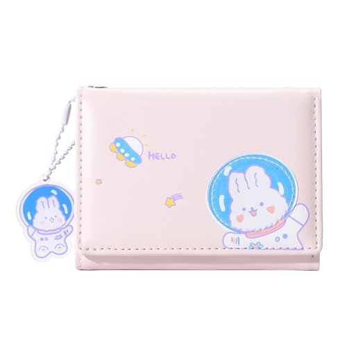 Girls Cute Astronaut Bear Bunny Print Tri-folded Wallet Small Wallet with Pendant Card Holder ID Window for Women (PINK)