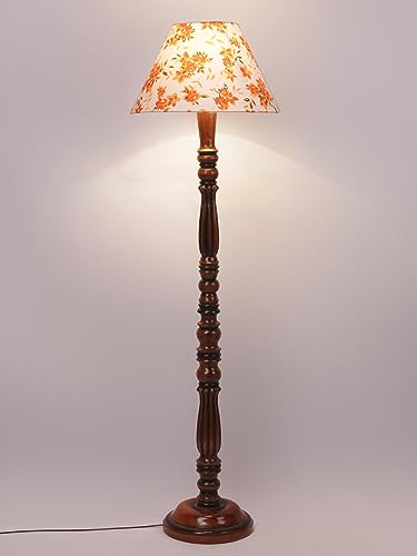 Image of Floor Lamp with Wooden Base - Height 55 Inch, Orange Floral | Modern Standing Lamp for Living Room, Bedroom & Office | Stylish & Elegant Home Lighting Decor | Decorative Lamp