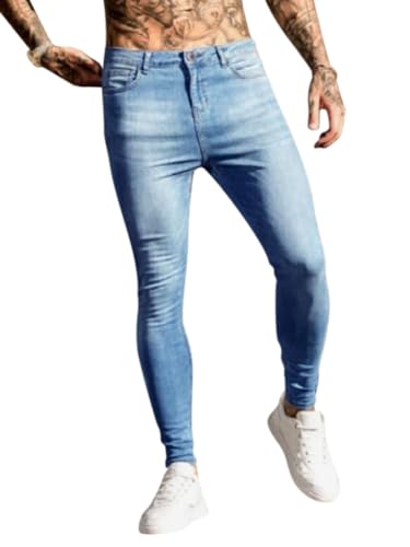 Osheoiso Herren Destroyed Jeans Biker Hose Herren Löcher Slim Fit Lang Jeans Denim Hose Vintage Männer Zerrissen Jeanshose Skinny Jeanshosen Bleistifthose Hosen H Hellblau L
