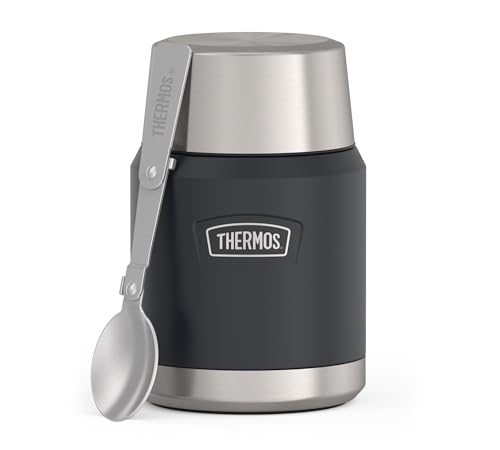 Thermos ICON Food Jar 0.47 L, Dark Grey Matte Graphite, Food Jar 470 ml, Double-Walled 18/8 Stainless Steel, Keeps Warm and Cold, with Folding Spoon, Non-Slip Base, Completely Leak-Proof