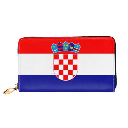 Leather Women Wallets, Long Credit Card Holder, Republic of Croatia flag Print Billfold Clutch & Travel Purse Large Capacity