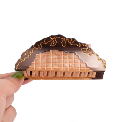 Decorative Chocolate Biscuits Hair Claw Clip, Large 3.7 inch, Brown and Peach Acetate, Metal Spring