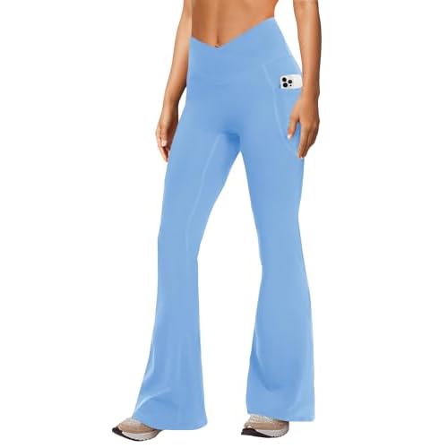 DLOODA Women's Yoga Pants with Pockets No Front Seam Crossover High Waisted Flare Leggings Tummy Control Bootcut Pants Light Blue Small