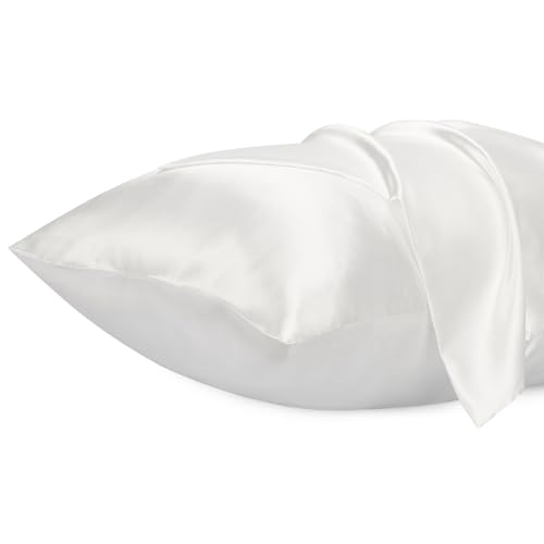 Lirex Lot de 2 Taies d'oreiller Satin, Similaires à la Soie, Infroissables, Satinées Housse d'oreiller Douces Prend Soin de Votre Peau et Antichute de Cheveux (Blanc,...