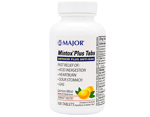 MAJOR Mintox Plus Tabs - Antacid Plus Anti-Gas Tablets - Helps Quickly Relieve Acid Indigestion, Heartburn, Sour Stomach, and Gas - Lemon Mint Flavored - 100 Count (1 Pack)