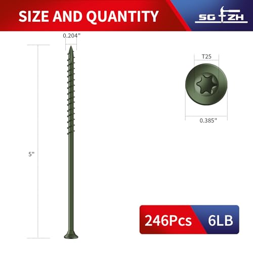 Image of #10 x 5 Deck Screws (246Pcs) 6lb. Exterior Wood Screws. Carbon Steel, Green, Flat Head, Rust Resistant epoxy Coated, with T25 Star Bit