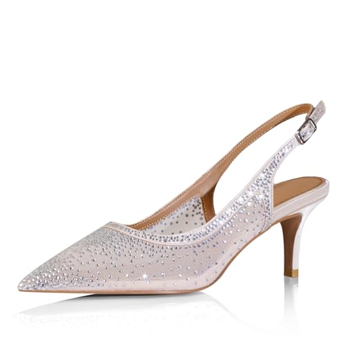 iadore Women Fashion Low Kitten Heel Pumps Sexy Rhinestone Splicing Mesh Suede Slingback Shoes Classic Wedding Party Pumps Size 5-12 US