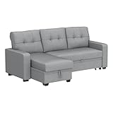 Devion Furniture L-Shaped Polyester Fabric Reversible, Easy Convertible Pull-Out Sleeper Sectional Sofa/Storage Chaise with Tufted Back Cushions and Track Arms in Light Gray