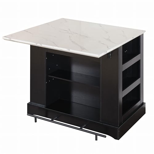 FUSUNBAO Large Kitchen Island with Storage & Power Outlet, Drawer, Adjustable Shelves, Side Open Compartments, and Drop Leaf,Island Table for Kitchen with Footrest,Black