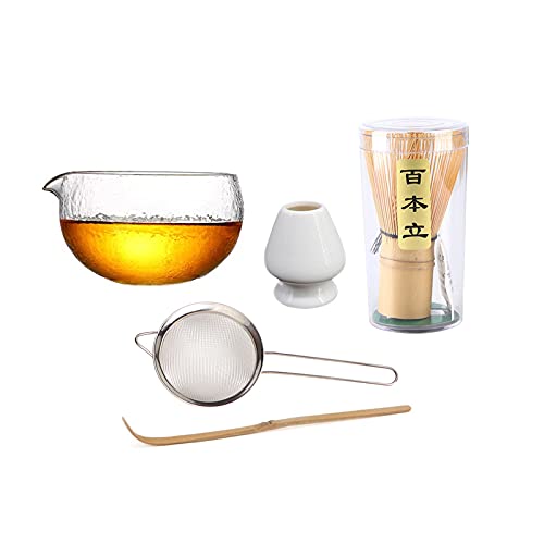 ZENRC Complete Starter Matcha Bowl and Whisk Kit - Retro Japanese Traditional Bamboo Matcha Whisk (Chasen) - Scoop - Textured Glass Matcha Bowl with Spout - Ceremony Matcha tea Set, 4PC