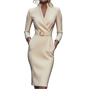 Etuikleid Damen Elegant Business Lang Kleider Damen Winter Langarm Curvy Herbstkleid Midi V Ausschnitt Winterkleid Stehkragen mit Gürtel Damenkleider Festlich Enges Kleid mit Taschen Abendkleid
