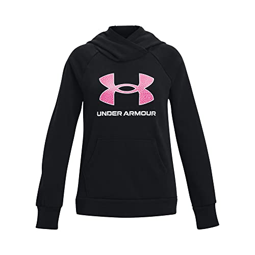 Under Armour Girls Rival Fleece Big Logo Hoodie, (002) Black/Pink Edge/White, Youth Large