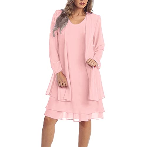 Generic Damen Kleid Festlich Hochzeit Knielang Elegant Abendkleider Frauen Ärmellos Kleider und Spitze Cardigan Zweiteilig Abendkleid Cocktailkleid Ballkleid Heimkleid, Rosa, XXL