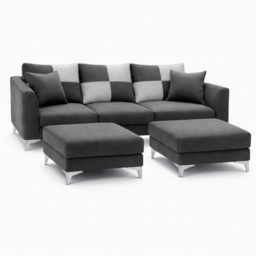 Image of Romeo 5 Seater L Shape Sofa Set with 2 Movable Ottomans | Flexible Layout | Rich Velvet Suede Fabric | Silver Legs | Modern Sofa for Living Room (Dark Grey)