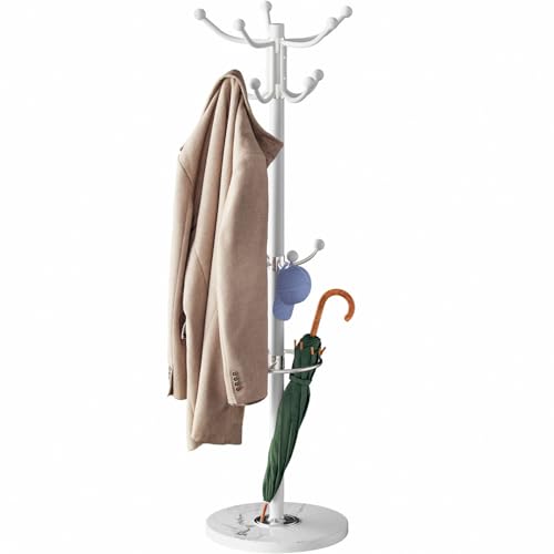 CASARIA® Elegant Coat Rack Hat Stand with Marble Base Coat Stand and 14x Rotatable Coat Hangers | Sturdy & Stylish Clothes Rack for Hallways & Offices Furniture | White | 175cm Tall