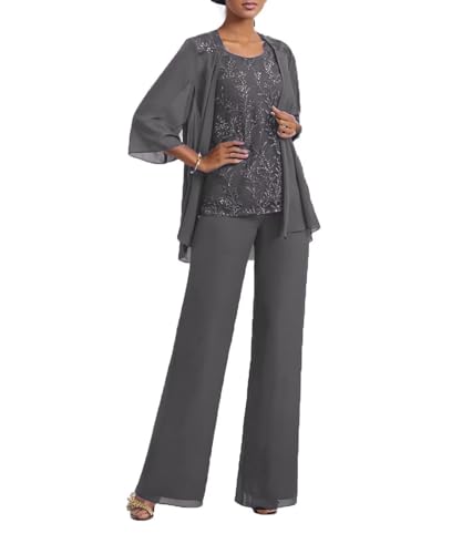 Sequins Mother of The Bride Pantsuits for Women 3 Pcs Chiffon Formal Wedding Outfit with Jacket