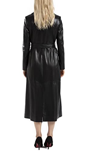 Women's Lambskin Leather Long Trench Coat Black Double Breasted Genuine Leather Coat with Belt SmartUniverseWear4