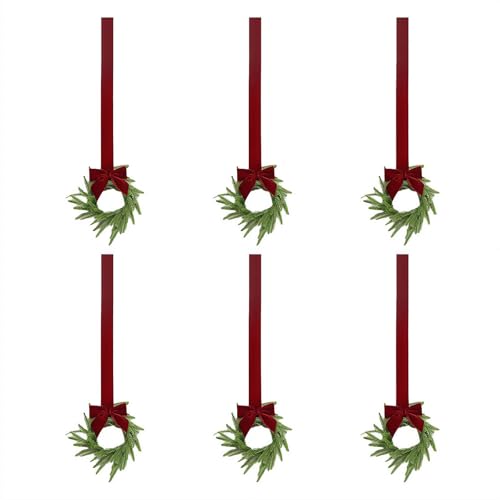 6 Pcs Mini Christmas Wreath, 0" Artificial Greenery Norfolk Pine Wreaths with Red Ribbon, itchen Cabinet Small Wreaths Hanging Rings for Front Door Porch Window Wall Decor