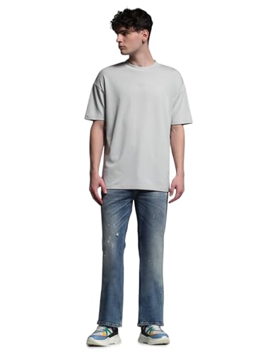 Image of Jack & Jones Men's Solid Round Neck Cotton Relaxed Fit T-Shirt | Boxy Fit | Drop Shoulders