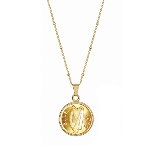American Coin Treasures Pendant Irish Half Penny Coin Necklace- Saturn Style 18+3 Inch Extender Chain- Goldtone Bezel- Harp Obverse Side
