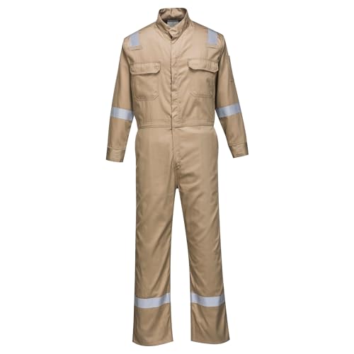 Image of Portwest FR94 Bizflame Fire Resistant Coverall with FR Reflective Tape ASTM NFPA, Khaki, Large | Khaki, Large, Regular, Dual Hazard, 88 /12 Cotton Nylon, Lightweight, Arc Rated