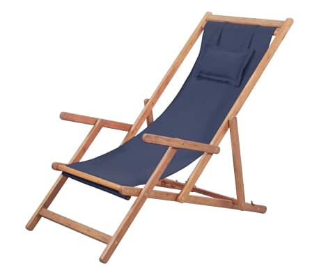 Wakects Tumbona de jardín de madera plegable, tumbona de relax, silla de playa con 3 posiciones ajustables, silla de playa de tela y marco de madera de eucalipto, color azul