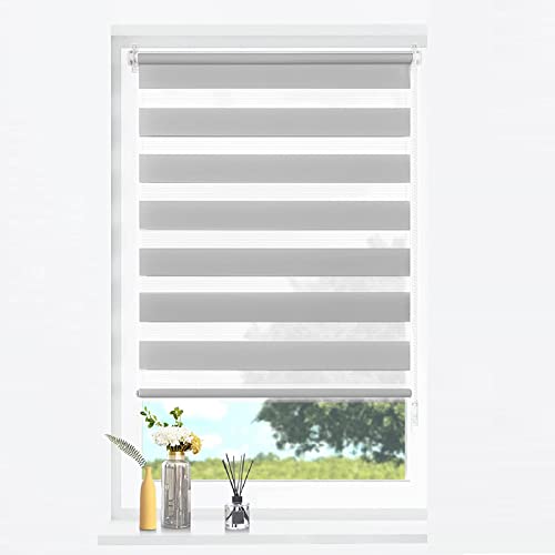 Estor enrollable de doble capa 95 x 200 cm, impermeable, privacidad, doble tela, con accesorios para baño y oficina, color gris claro
