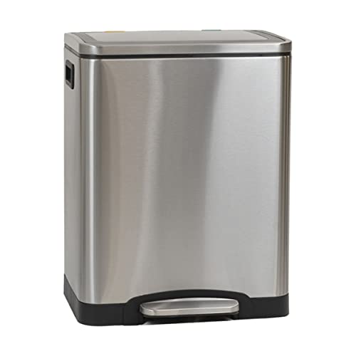 CALITEK 2 Fächer Edelstahl Recycling Küche Treteimer mit 2 x 15 Liter herausnehmbaren Inneneimer (30 Liter) Cover