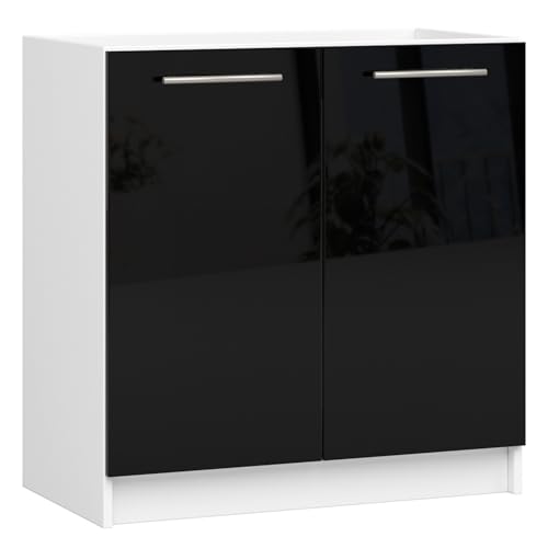 AKORD | Mueble de Cocina Bajo Fregadero - Oliwia S80 | Base de Cocina con 2 Puertas y 1 Estante | Mueble de Entrada | Armario | 46 x 80 x 82 cm | Blanco | Negro Brillante