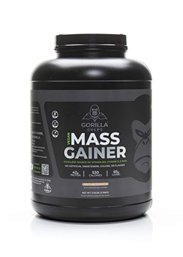 Gorilla Gulps â€“ Mocha Vegan Mass Gainer â€“ 5 lb Natural High Calorie Protein Powder â€“ GMO, Gluten, Dairy, & Soy Free. No Artificial Ingredients â€“ Vitamin B12 + D3, & Iron â€“ 530 Calories â€“ 18 Servings