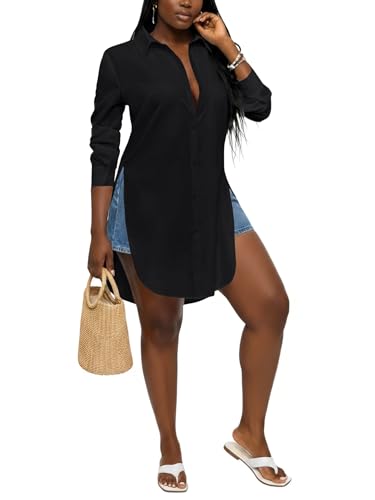 Image of LYANER Women's Collar Neck Long Sleeve Button Down Shirts Sexy Split Hem Tops Long Blouse Shirt Dress