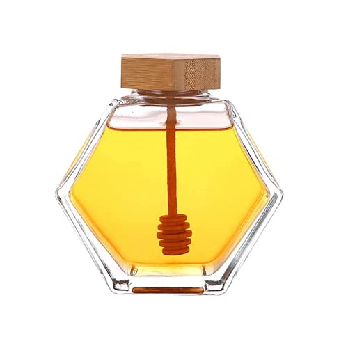 ericotry 1 tarro de miel de cristal vacío en forma de hexágono, botella de embalaje con cucharón de madera y tapa de corcho para el hogar, cocina, almacenamiento de jarabe de miel (380 ml/12,8 oz)