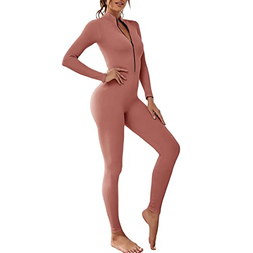 Vertvie Damen Jumpsuit Eng mit Reißverschluss Body Outfits Playsuit Langarm Bodycon Strampler Sportanzug Yoga Fitness Slim Jogginganzug(A-Rosa,M)