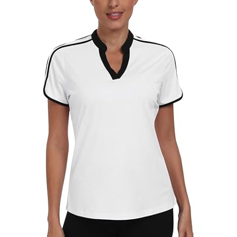 Womens Golf Polo V Neck Shirt Elastic Breathable Moisture Wicking Sports Workout Tops for Tennis Casual White M Cover