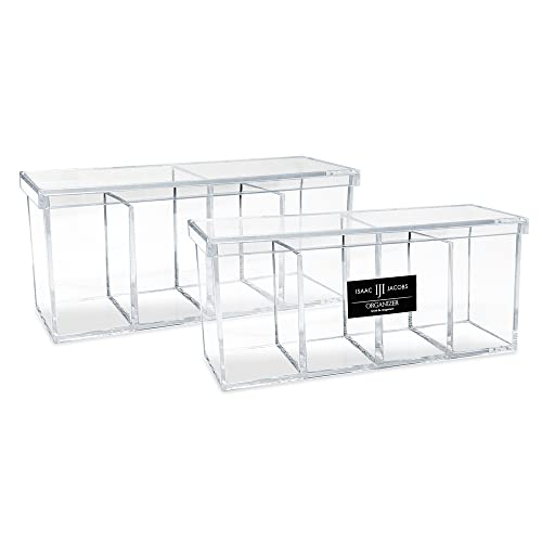 Isaac Jacobs Paquete de 2 organizadores de acrílico transparente de 4 compartimentos con tapa (9 pulgadas de largo x 3 pulgadas de ancho x 4 pulgadas de alto), soporte para brochas de maquillaje,