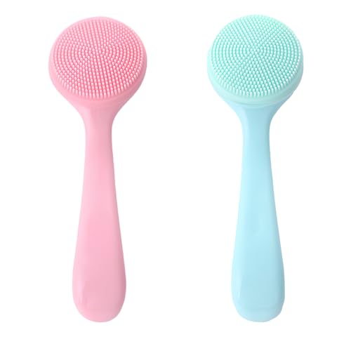 2 Pcs Silicone Face Scrubber with Handle, Gentle Exfoliator & Pore Cleansing Brush, Deep Cleaning Facial Tool, Waterproof Makeup Remover & Blackhead Scrubber, Sensitive Skin Massage Brush (Blue & Pink)