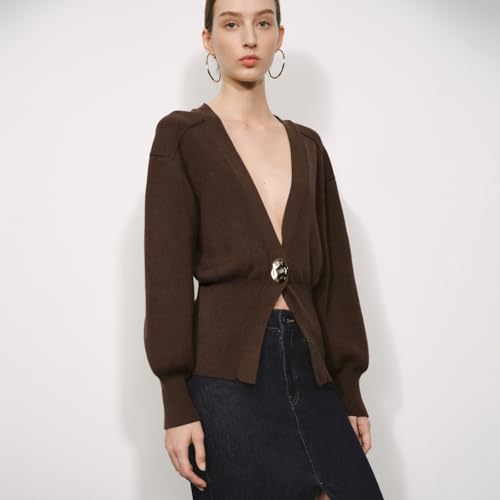 Image of URBAN REVIVO Women Knitted Cardigans Long Sleeve V-Neck Lightweight Sweater One Leaf Button Down Outwear