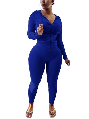 Nimsruc Two Piece Outfits For Women Long Sleeve Bodycon Tracksuit Casual Sweatsuits Jogger Sets Blue M