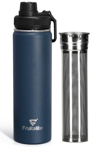 Image of Fruitalite Thermosteel Insulated Fruit Infuser Water Bottle- 700ml with Screw /Spout Lid, Steel Infusion Rod, Infused Detox Recipe eBook, Double-Wall Vacuum Stainless Steel Bottle- Midnight Blue
