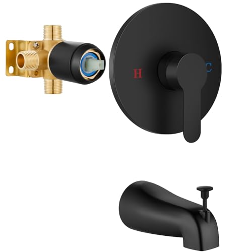 Airuida Round Shower Valve Trim Kit with Pull-up Switching Tub Spout Wall-Mounted Single Handle Bathtub Faucet with Male Thread Solid Brass Tub Shower Rough-in Mixer Valve Matte Black