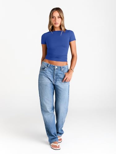 Image of Trendy Queen Womens Boat Neck Tops Short Sleeve Shirts | Compression Basic Tops,Y2K Aesthetic Slim Fit,Professional Business Casual, Polished Teacher Outfits